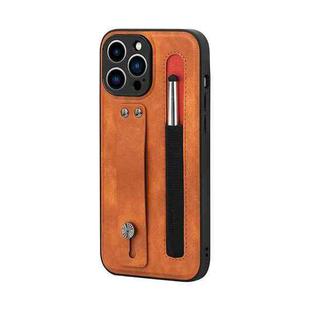 For iPhone 13 Pro Max Leather Belt Shockproof Protective Phone Case with Touch Screen Pen & Holder (Brown)