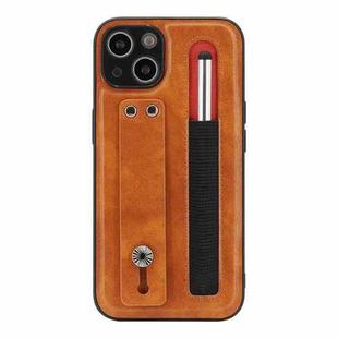 For iPhone 13 Leather Belt Shockproof Protective Phone Case with Touch Screen Pen & Holder(Brown)