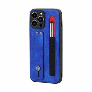 For iPhone 12 Pro Max Leather Belt Shockproof Protective Phone Case with Touch Screen Pen & Holder(Royal Blue)