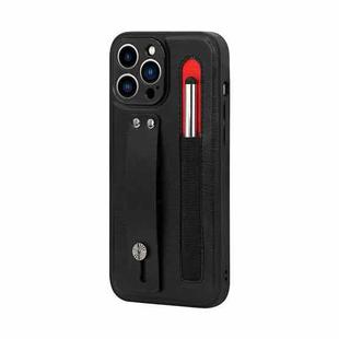 For iPhone 12 Pro Max Leather Belt Shockproof Protective Phone Case with Touch Screen Pen & Holder(Black)