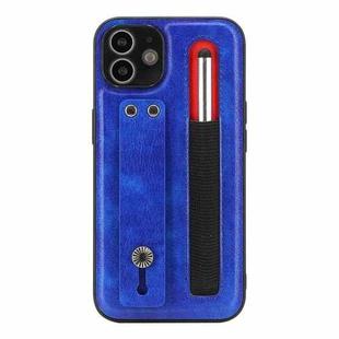 For iPhone 12 Leather Belt Shockproof Protective Phone Case with Touch Screen Pen & Holder(Royal Blue)