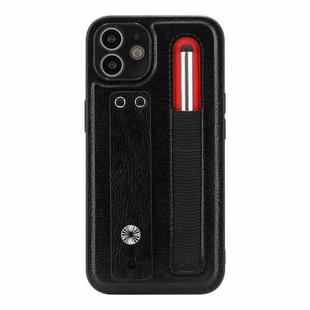 For iPhone 12 Leather Belt Shockproof Protective Phone Case with Touch Screen Pen & Holder(Black)