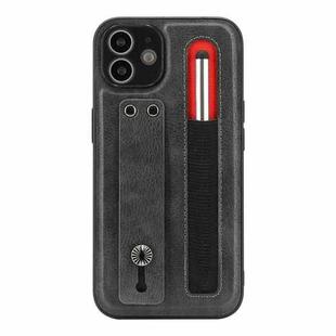 For iPhone 12 Leather Belt Shockproof Protective Phone Case with Touch Screen Pen & Holder(Grey)