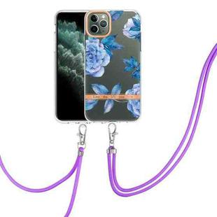 For iPhone 11 Pro Max Flowers Series TPU Phone Case with Lanyard (Blue Peony)