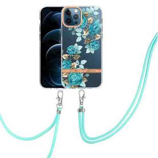 For iPhone 12 Pro Max Flowers Series TPU Phone Case with Lanyard(Blue Rose)