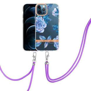For iPhone 12 Pro Max Flowers Series TPU Phone Case with Lanyard(Blue Peony)