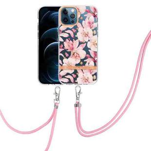 For iPhone 12 Pro Max Flowers Series TPU Phone Case with Lanyard(Pink Gardenia)
