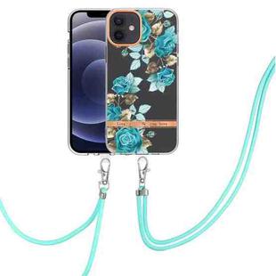 For iPhone 12 Flowers Series TPU Phone Case with Lanyard(Blue Rose)