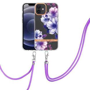 For iPhone 12 Flowers Series TPU Phone Case with Lanyard(Purple Begonia)