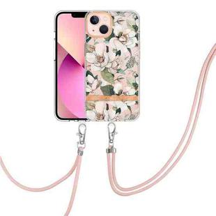 For iPhone 13 Flowers Series TPU Phone Case with Lanyard(Green Gardenia)