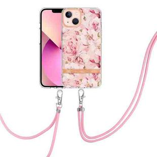 For iPhone 13 Flowers Series TPU Phone Case with Lanyard(Pink Gardenia)