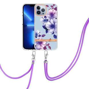 For iPhone 13 Pro Max Flowers Series TPU Phone Case with Lanyard (Purple Begonia)