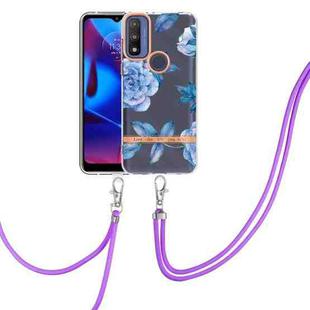 For Motorola Moto G Pure Flowers Series TPU Phone Case with Lanyard(Blue Peony)