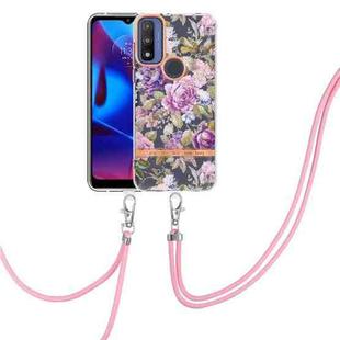 For Motorola Moto G Pure Flowers Series TPU Phone Case with Lanyard(Purple Peony)