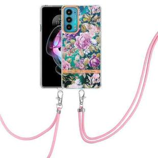 For Motorola Edge 20 Flowers Series TPU Phone Case with Lanyard(Purple Peony)