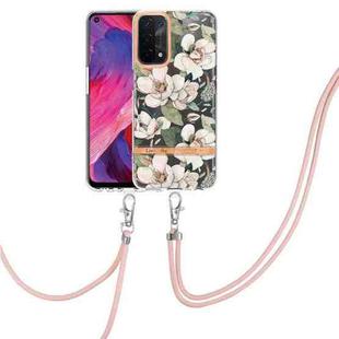 For OPPO A74 5G / A93 5G / A54 5G / A93S 5G Flowers Series TPU Phone Case with Lanyard(Green Gardenia)