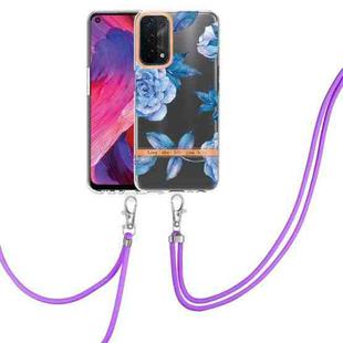 For OPPO A74 5G / A93 5G / A54 5G / A93S 5G Flowers Series TPU Phone Case with Lanyard(Blue Peony)