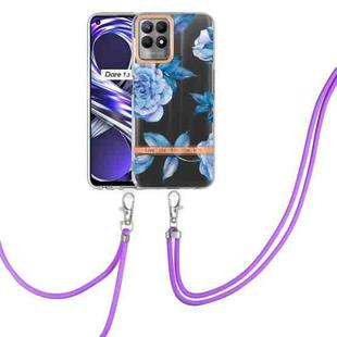 For OPPO Realme 8i Flowers Series TPU Phone Case with Lanyard(Blue Peony)