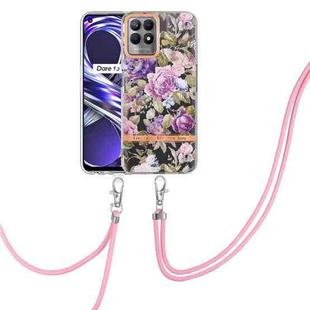 For OPPO Realme 8i Flowers Series TPU Phone Case with Lanyard(Purple Peony)