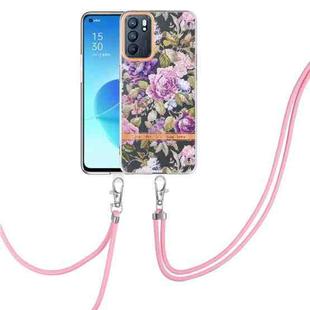 For OPPO Reno6 5G Flowers Series TPU Phone Case with Lanyard(Purple Peony)