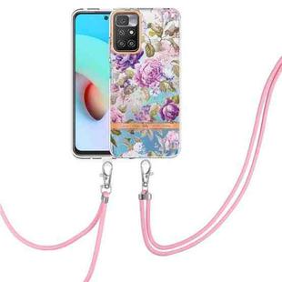 For Xiaomi Redmi 10 Flowers Series TPU Phone Case with Lanyard(Purple Peony)