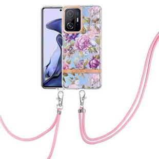 For Xiaomi Mi 11T Flowers Series TPU Phone Case with Lanyard(Purple Peony)