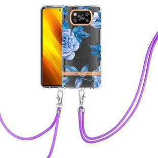 For Xiaomi Poco X3 NFC Flowers Series TPU Phone Case with Lanyard(Blue Peony)