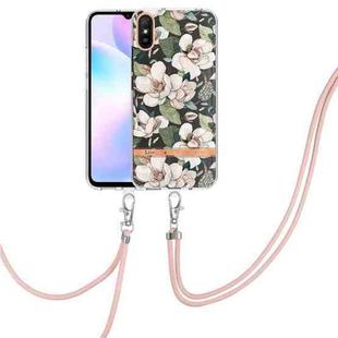 For Xiaomi Redmi 9A Flowers Series TPU Phone Case with Lanyard(Green Gardenia)