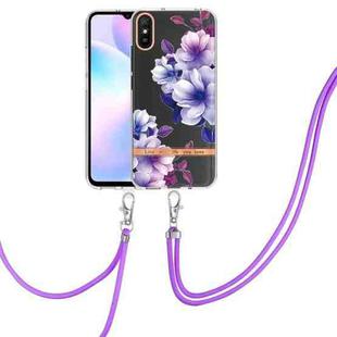 For Xiaomi Redmi 9A Flowers Series TPU Phone Case with Lanyard(Purple Begonia)
