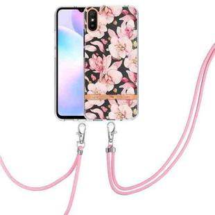 For Xiaomi Redmi 9A Flowers Series TPU Phone Case with Lanyard(Pink Gardenia)