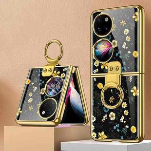 For Huawei P50 Pocket GKK Floral Pattern Electroplating Glass Phone Case with Ring(Floral 06)