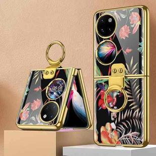 For Huawei P50 Pocket GKK Floral Pattern Electroplating Glass Phone Case with Ring(Floral 09)