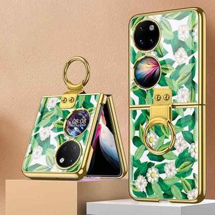 For Huawei P50 Pocket GKK Floral Pattern Electroplating Glass Phone Case with Ring(Floral 10)