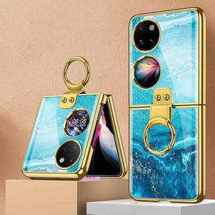 For Huawei P50 Pocket GKK Painted Electroplating Glass Phone Case with Ring(Fluid Blue)