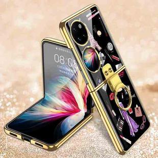 For Huawei P50 Pocket GKK Painted Electroplating Glass Phone Case with Ring(Modern Girl Black)