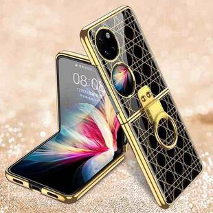 For Huawei P50 Pocket GKK Painted Electroplating Glass Phone Case with Ring(Grid Gold)