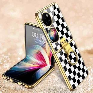 For Huawei P50 Pocket GKK Painted Electroplating Glass Phone Case with Ring(Black White)