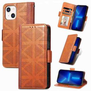 For iPhone 13 mini Grid Leather Flip Phone Case (Brown)