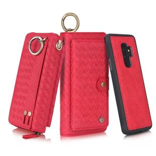 For Galaxy S9+ POLA Multi-function Fashion Weave Magnetic Horizontal Flip Leather Case with Card Slots & Wallet & Photo Frame & Lanyard(Red)