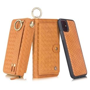 For iPhone 11 POLA Multi-function Fashion Weave Magnetic Horizontal Flip Leather Case with Card Slots & Wallet & Photo Frame & Lanyard(Brown)