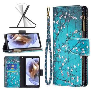 For Motorola Moto G31 / G41 Colored Drawing Pattern Zipper Leather Phone Case(Plum Blossom)