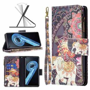 For OPPO A36 4G / A96 4G / A76 4G / K10 4G / Realme 9i Colored Drawing Pattern Zipper Leather Phone Case(Flower Elephants)