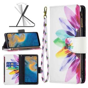 For ZTE Blade A51 Colored Drawing Pattern Zipper Leather Phone Case(Sun Flower)