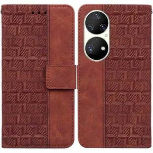 For Huawei P50 Pro Geometric Embossed Leather Phone Case(Brown)