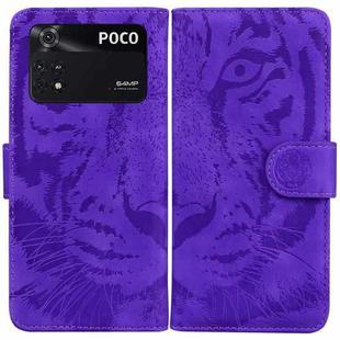 For Xiaomi Poco M4 Pro Tiger Embossing Pattern Horizontal Flip Leather Phone Case(Purple)