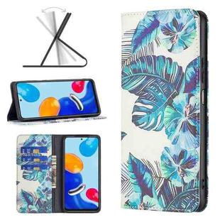 For Xiaomi Redmi Note 11 International Version Colored Drawing Pattern Invisible Magnetic Horizontal Flip Leather Phone Case(Blue Leaves)