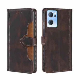 For OPPO Reno7 5G Skin Feel Straw Hat Magnetic Buckle Leather Phone Case(Brown)