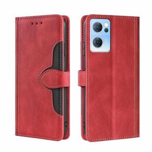 For OPPO Reno7 5G Skin Feel Straw Hat Magnetic Buckle Leather Phone Case(Red)