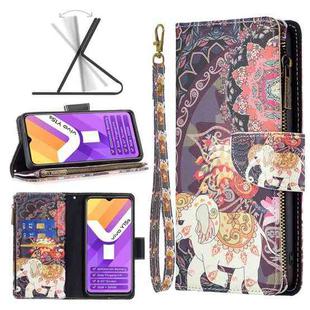 For vivo Y15s Colored Drawing Pattern Zipper Horizontal Flip Leather Phone Case(Flower Elephants)