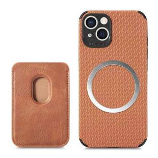 For iPhone 13 Carbon Fiber Leather Card Magsafe Case(Brown)